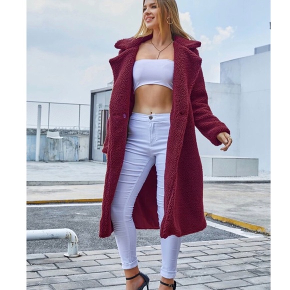 Burgundy Teddy Faux Fur Long Coat - Picture 3 of 4